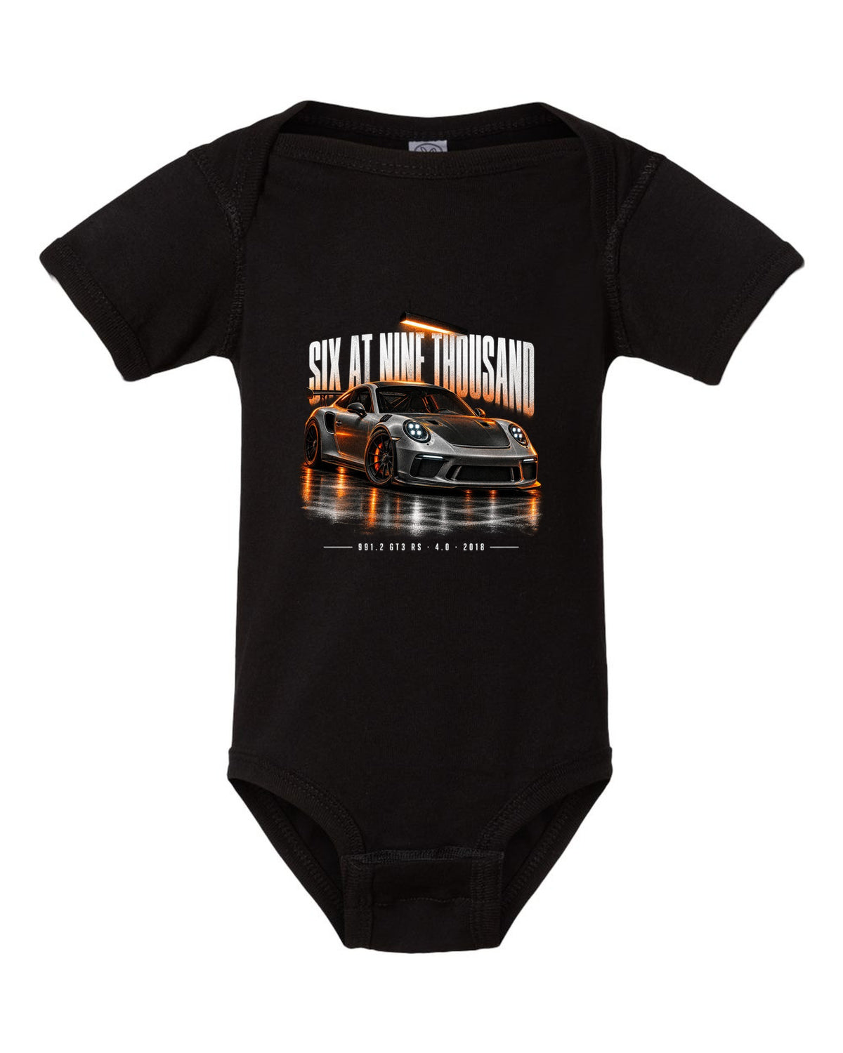 Garage night poster print of a 2018 Porsche 911 GT3 RS 991.2 black baby onesie front view with the design