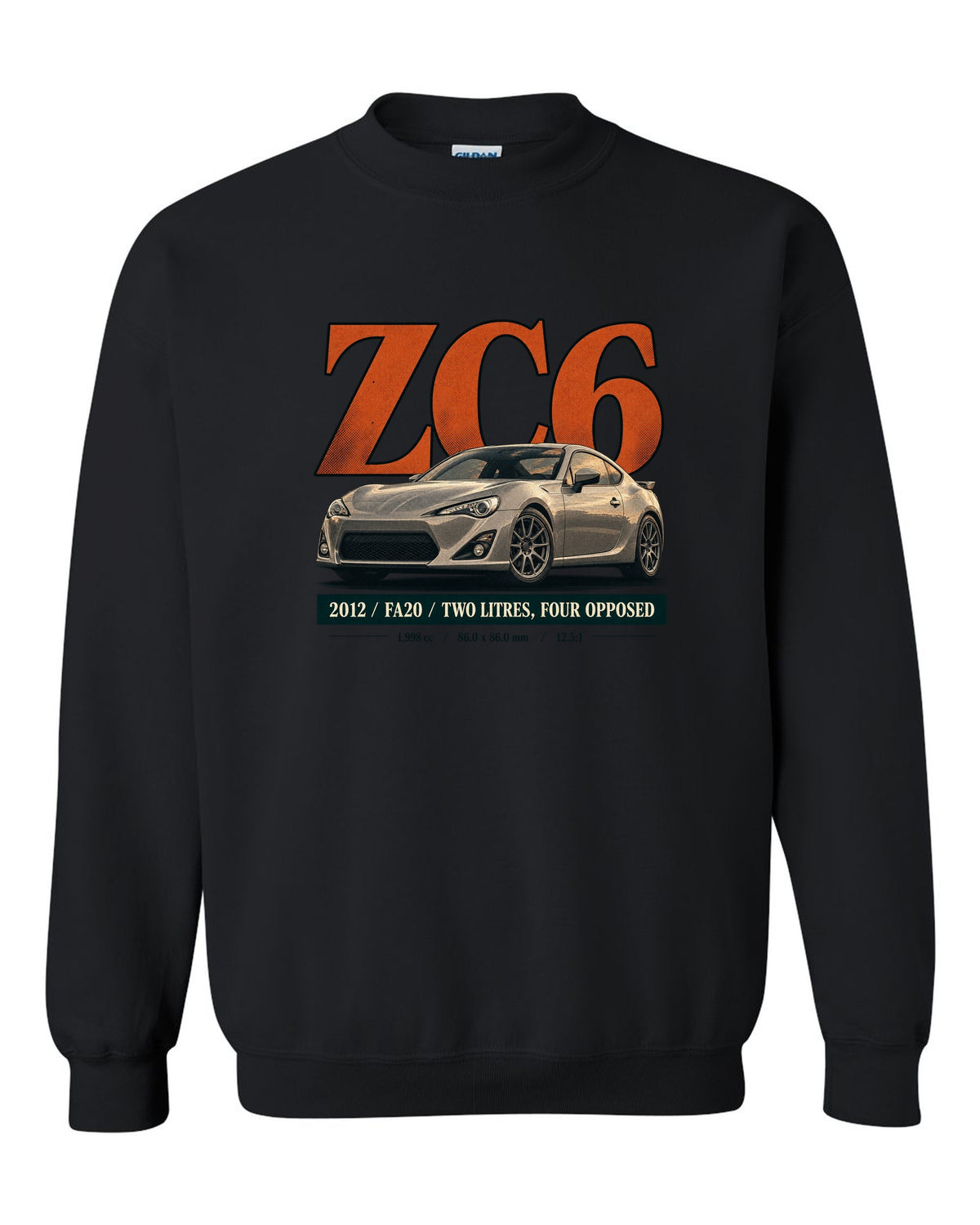 Magazine-style headline layout of a first-generation Subaru BRZ ZC6 print black crewneck front view with the design