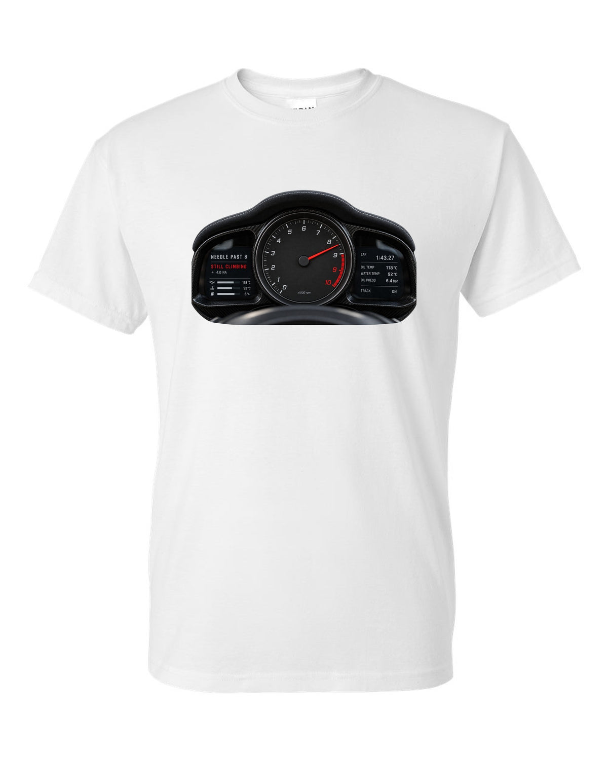 Cockpit gauge print of a 2022 Porsche 911 GT3 RS 992 tachometer past 8 white t-shirt front view with the design