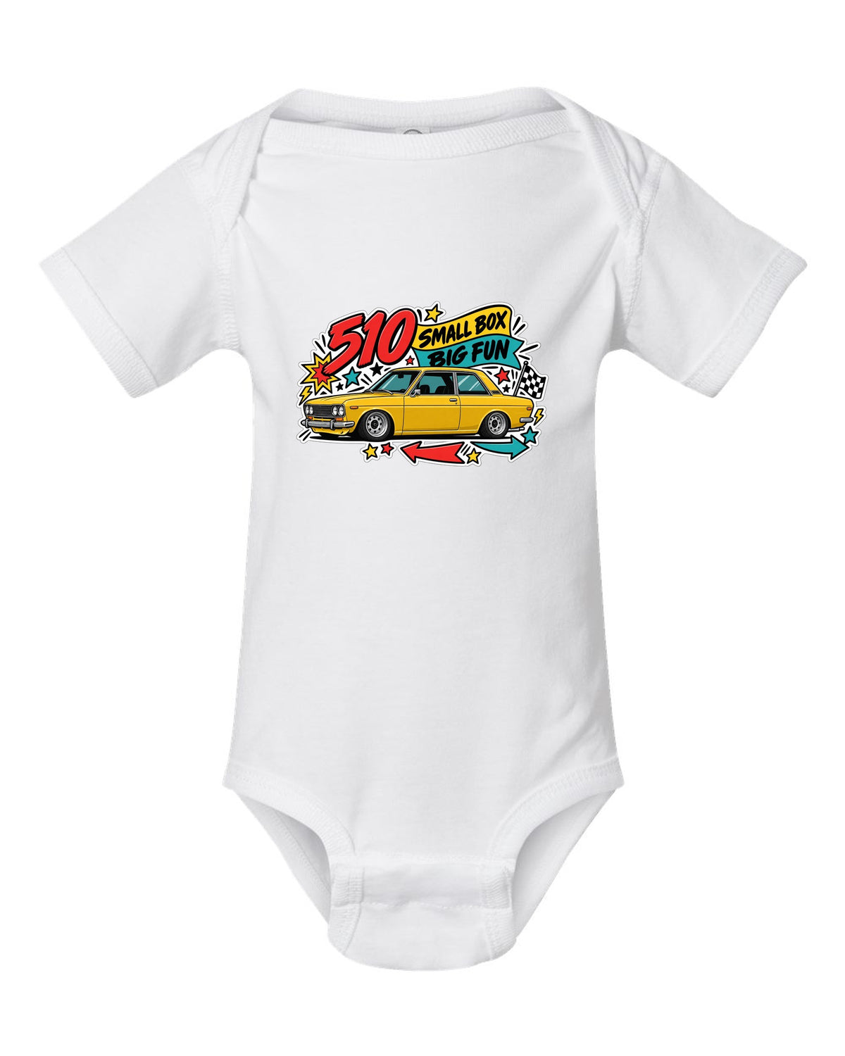 Sticker-bomb print for the Datsun 510 reading 510 Small Box Big Fun white baby onesie front view with the design
