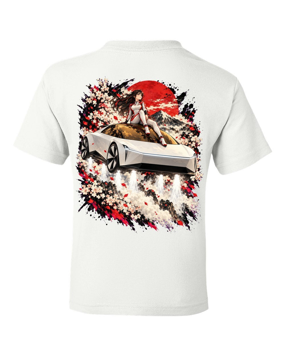 Tesla Roadster Rooftop Anime Girl Kids Tee White back
