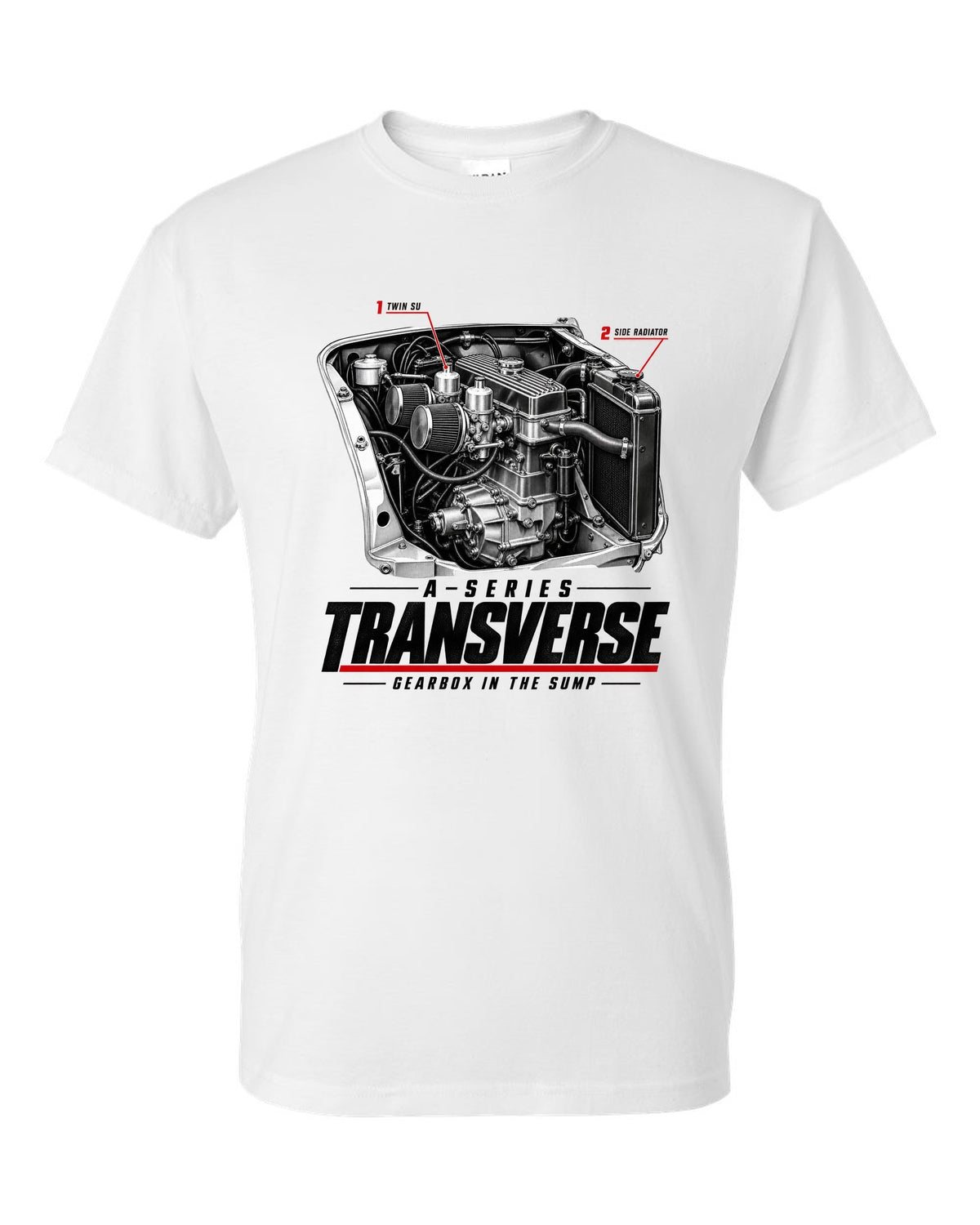 print of a Classic Mini Cooper S 1275 engine bay with the transverse A-series engine white t-shirt front view with the design