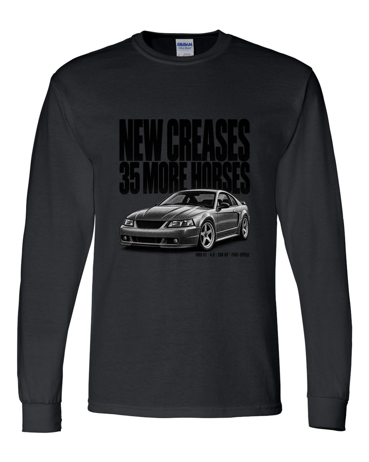 Halftone print of a 1999 Ford Mustang New Edge GT coupe black long sleeve front view with the design