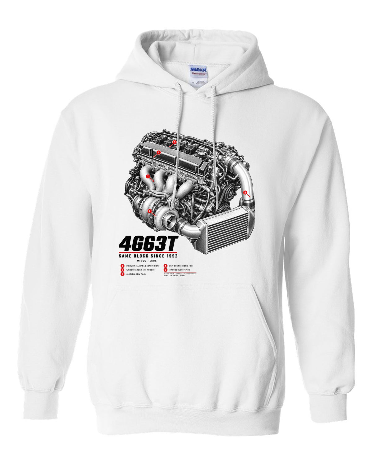 Engine hero print for the Mitsubishi Lancer Evolution IX MR CT9A reading 4G63T, MIVEC, 2.0L, same block since 1992 white pull over hoodie front view with the design
