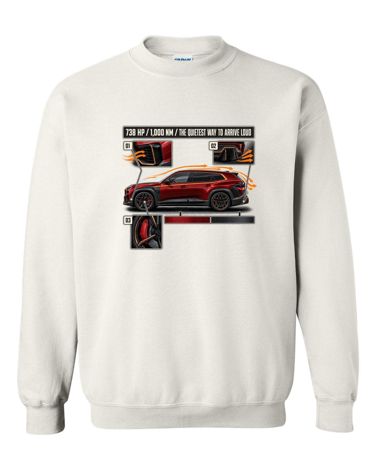 BMW XM Label Red aero cutaway callouts print on a tee white crewneck front view with the design