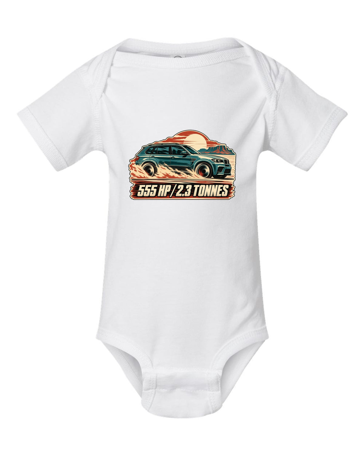 Vintage race poster print of a BMW X5 M E70 with 555 HP lettering white baby onesie front view with the design