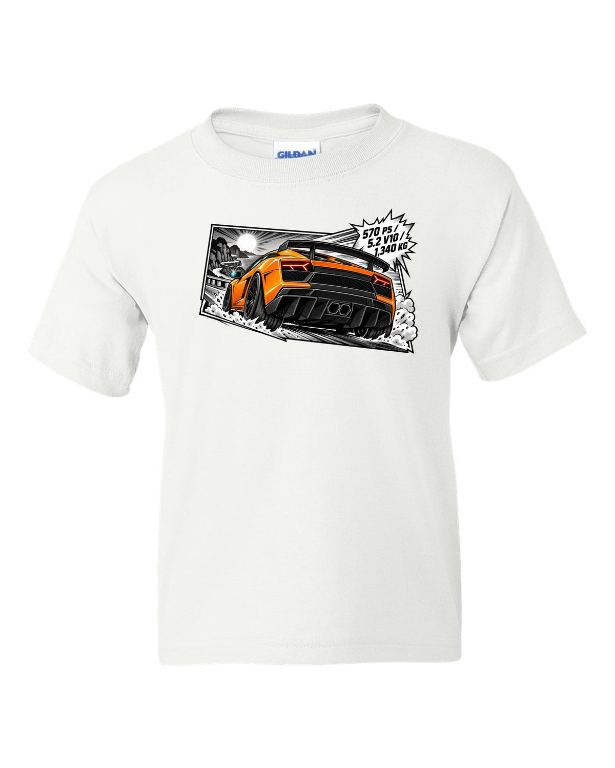 Retro manga halftone panel of a Lamborghini Gallardo LP570-4 Superleggera with spec text white kids tee front view with the design
