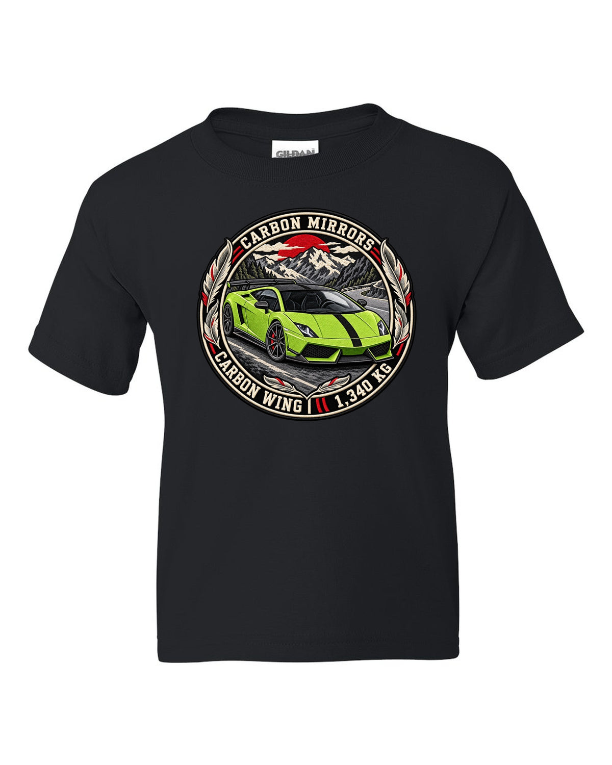 Round embroidery-style crest of a Lamborghini Gallardo LP570-4 Superleggera with carbon mirrors and wing text black kids tee front view with the design