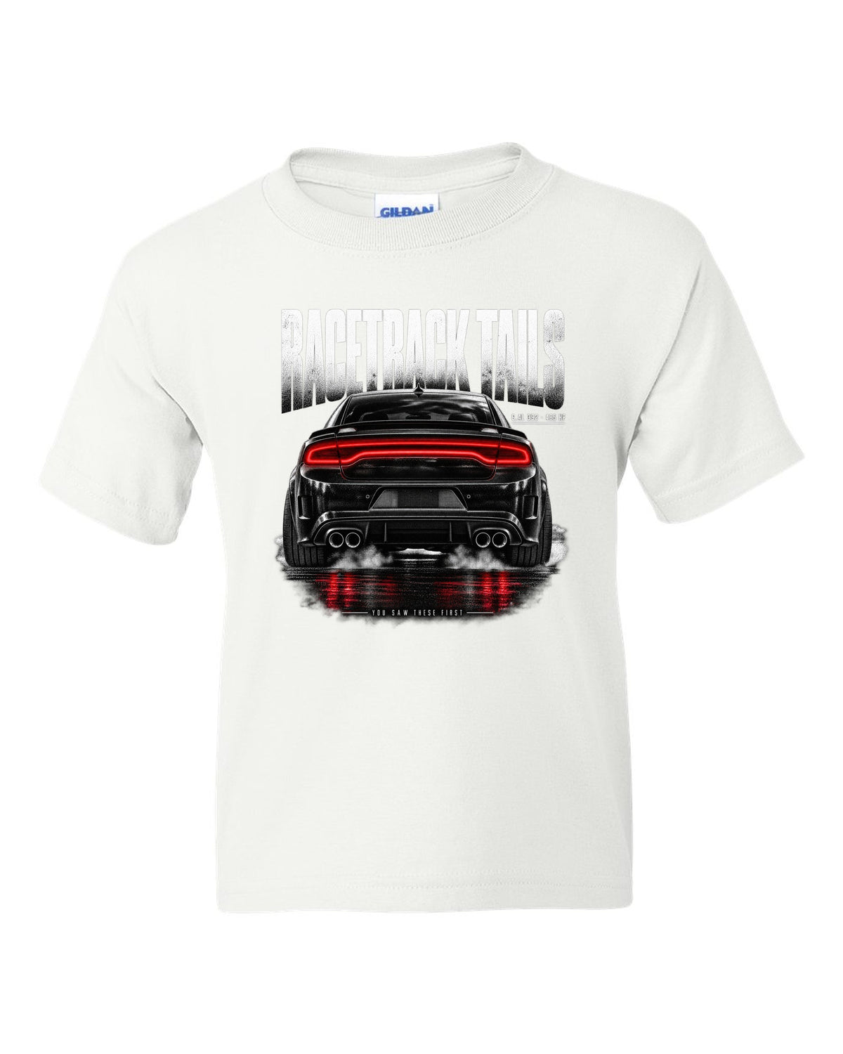 Taillight macro print of a 2016 Dodge Charger Scat Pack LX/LD with 6.4L 392 and 485 HP text white kids tee front view with the design