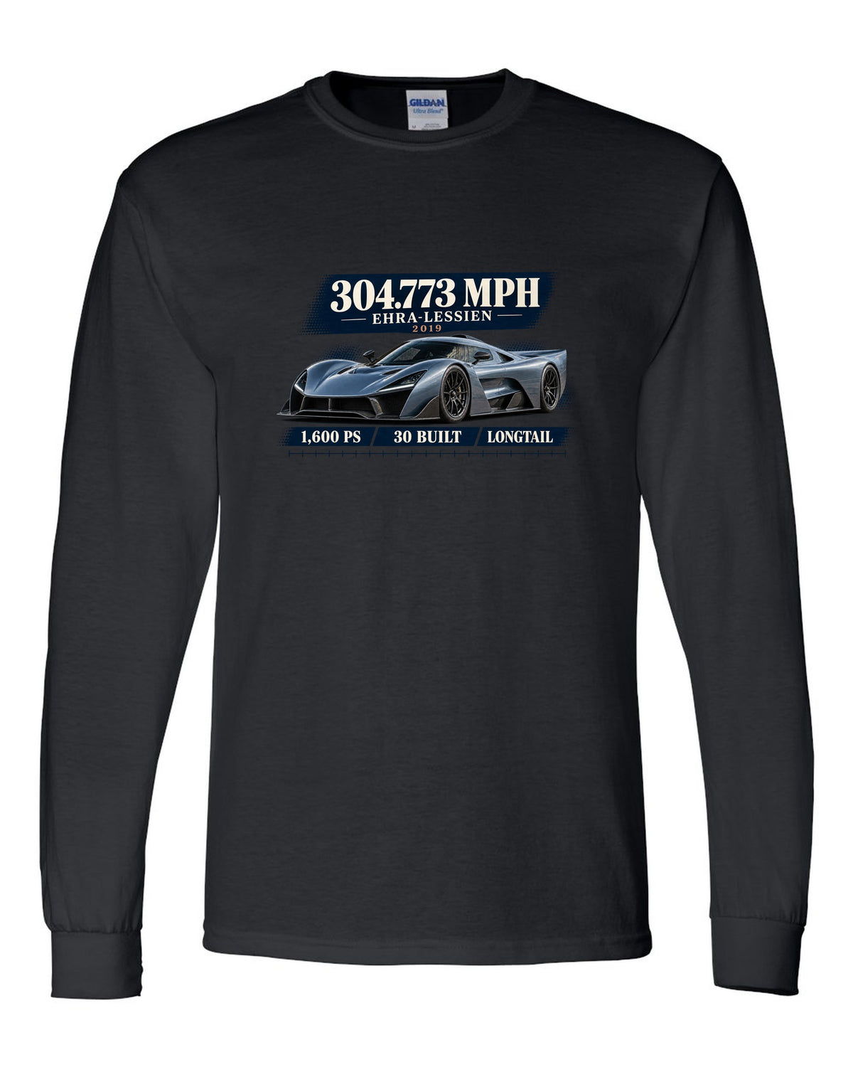 Bugatti Chiron Super Sport 300+ archive panel print with 304.773 mph record black long sleeve front view with the design