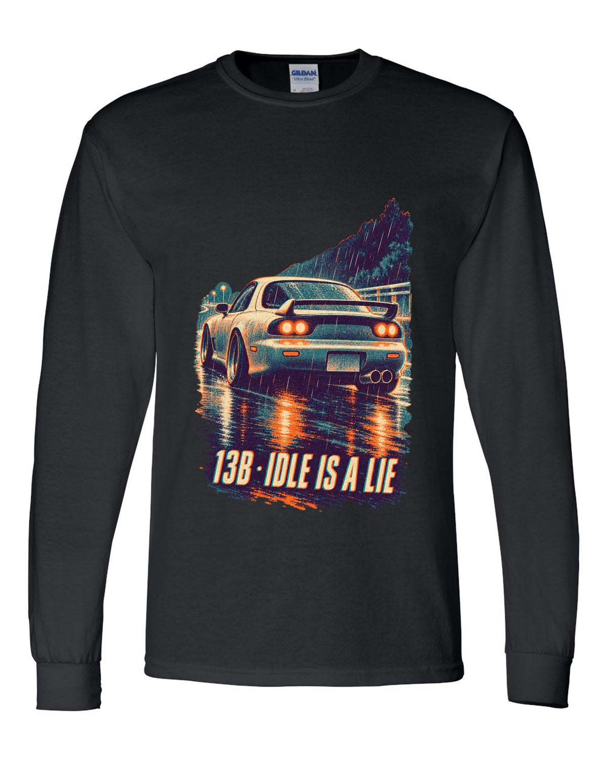 Three-colour risograph print for the Mazda RX-7 FD3S with 13B idle is a lie lettering black long sleeve front view with the design