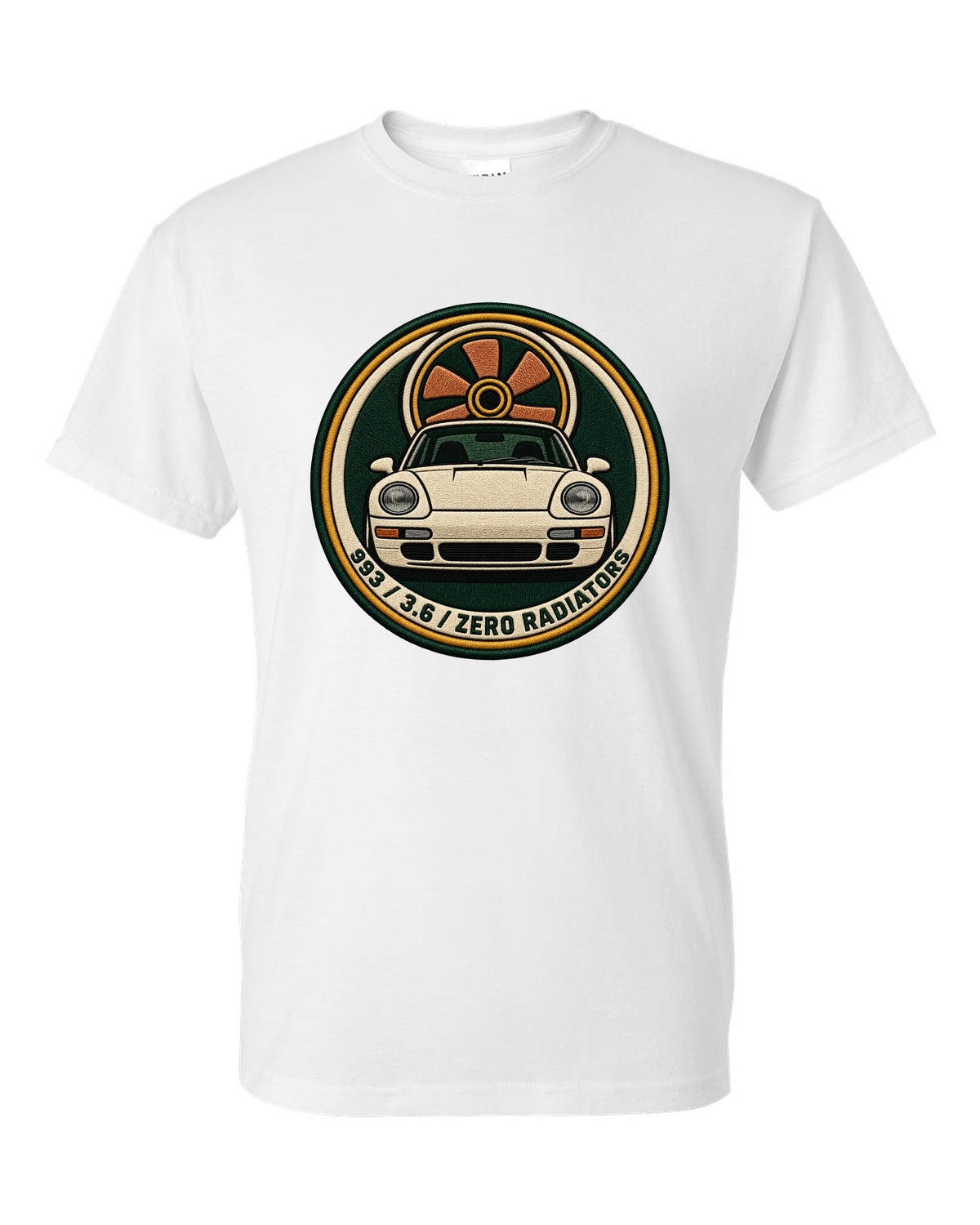 Round crest print of a Porsche 911 993 with the text 993, 3.6 and zero radiators white t-shirt front view with the design