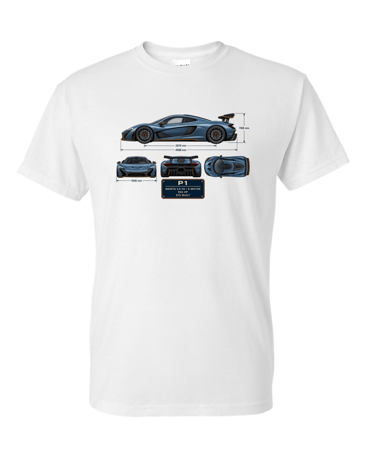 Steel blue dimension blueprint print of a McLaren P1, M838TQ V8 plus e-motor white t-shirt front view with the design