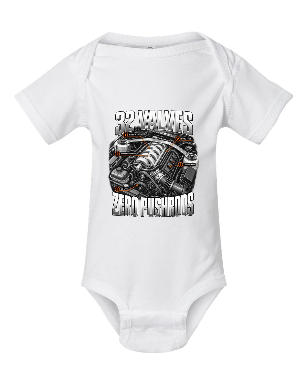 Engine hero print of a Ford Mustang S197 GT 5.0 Coyote engine, 2011-14 white baby onesie front view with the design