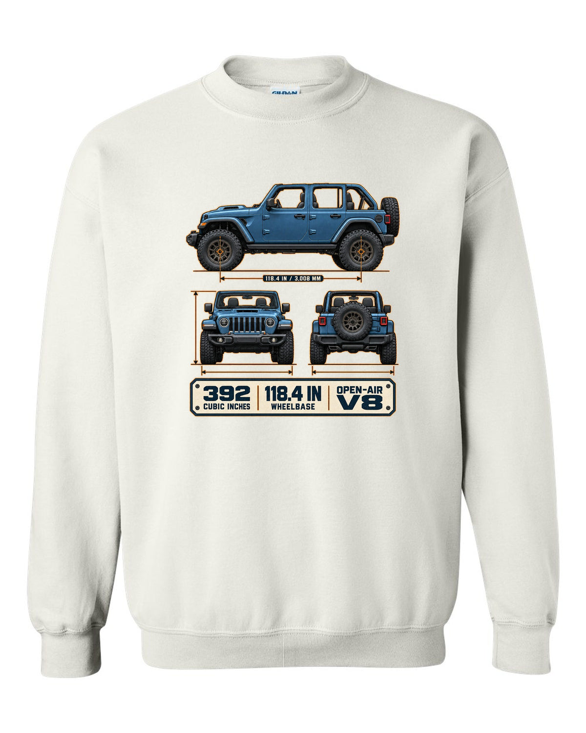 Dimension blueprint print of the Jeep Wrangler Rubicon 392 JL showing wheelbase and V8 white crewneck front view with the design