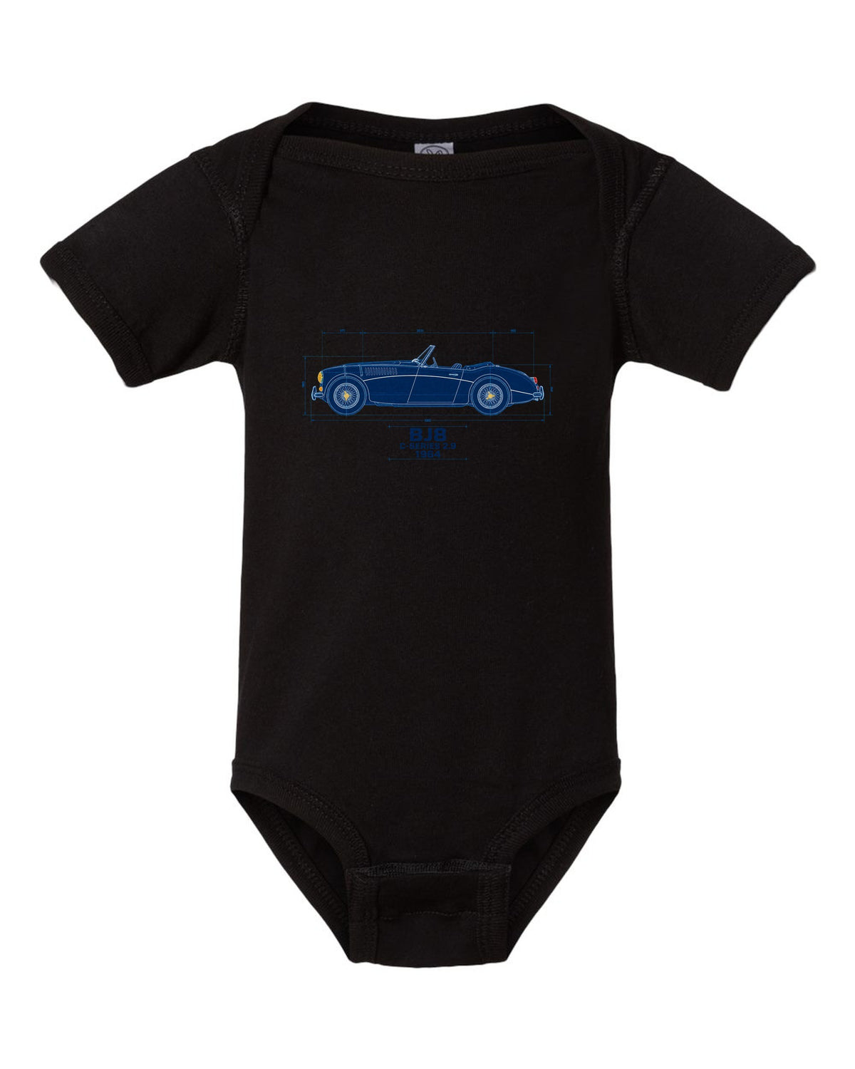 Blueprint line art of a 1964 Austin-Healey 3000 Mk III BJ8 with C-Series 2.9 lettering black baby onesie front view with the design