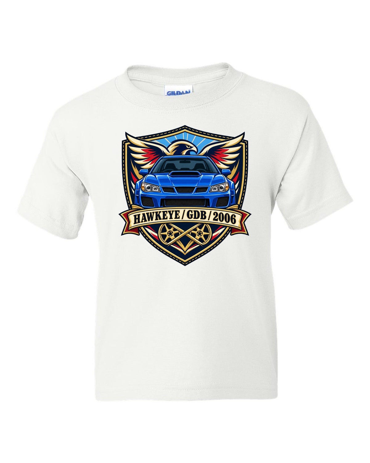 Subaru Impreza WRX STI GDB Hawkeye varsity crest print reading HAWKEYE / GDB / 2006 white kids tee front view with the design