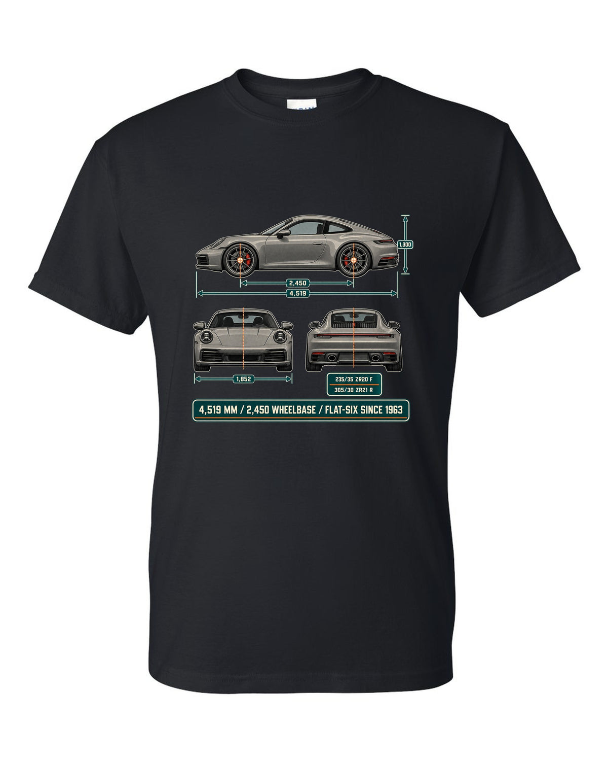 Dimension blueprint print of a Porsche 992 Carrera S with measurements black t-shirt front view with the design
