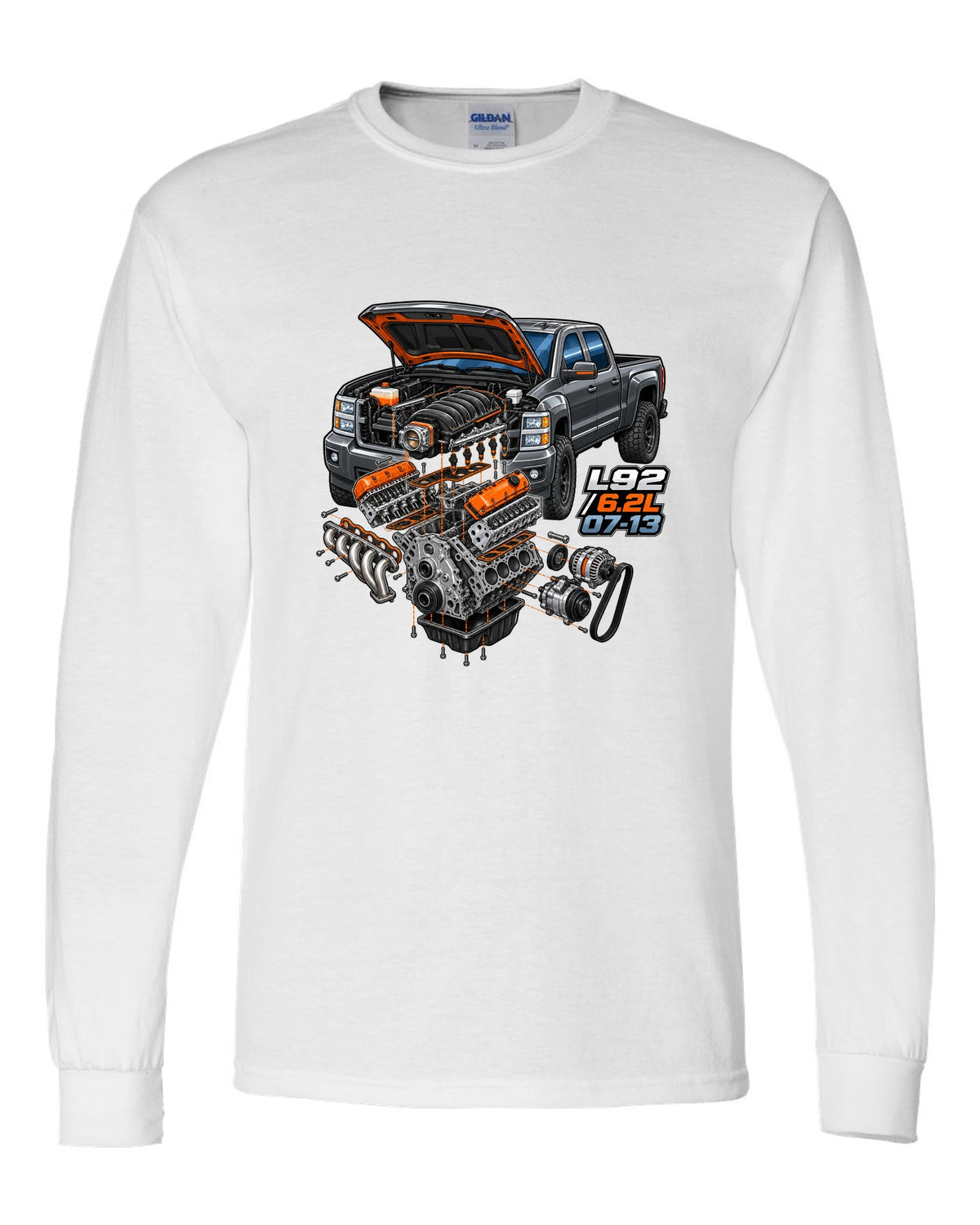 Isometric exploded engine cutaway print for a 2007-2013 Chevrolet Silverado GMT900 with L92 6.2L text white long sleeve front view with the design