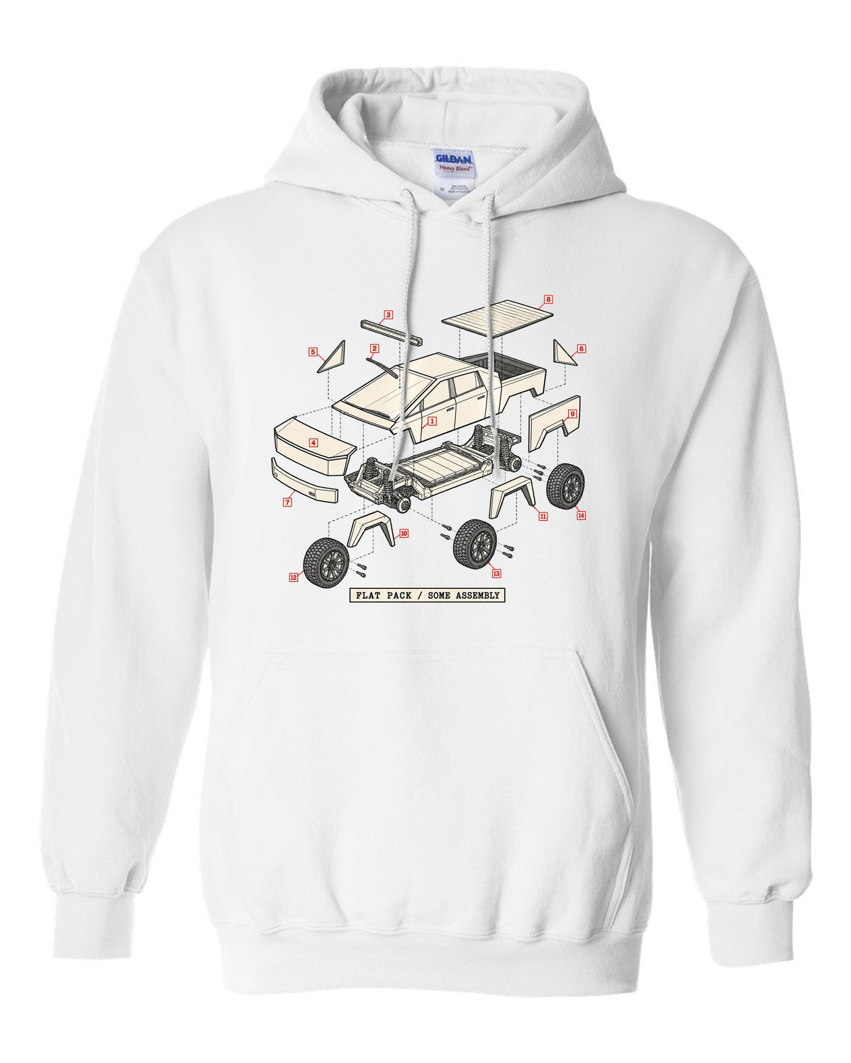 Isometric exploded-view patent drawing of a 2023 Tesla Cybertruck with the words Flat Pack Some Assembly white pull over hoodie front view with the design