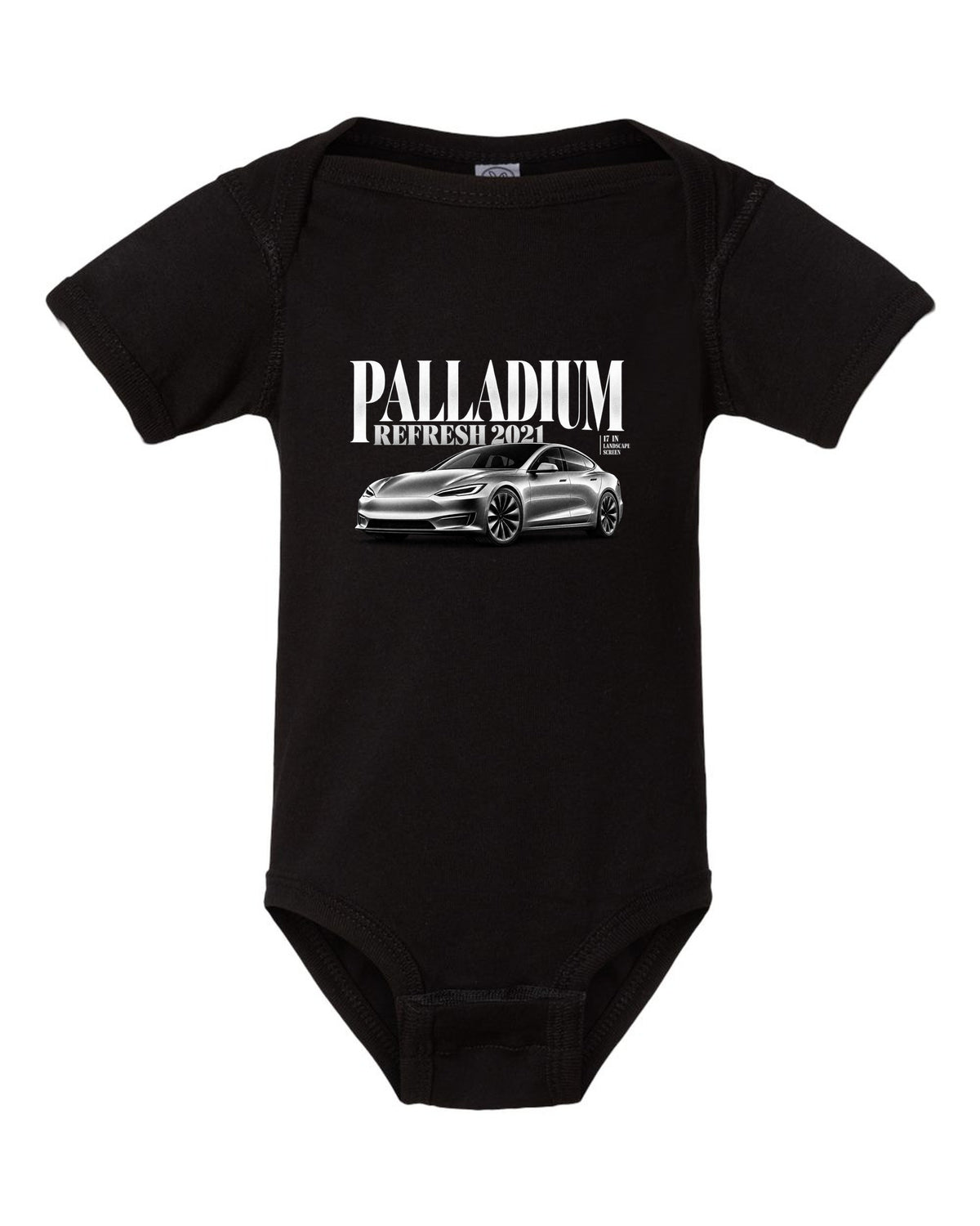 Editorial headline print of a Tesla Model S Palladium 2021 front three-quarter view black baby onesie front view with the design