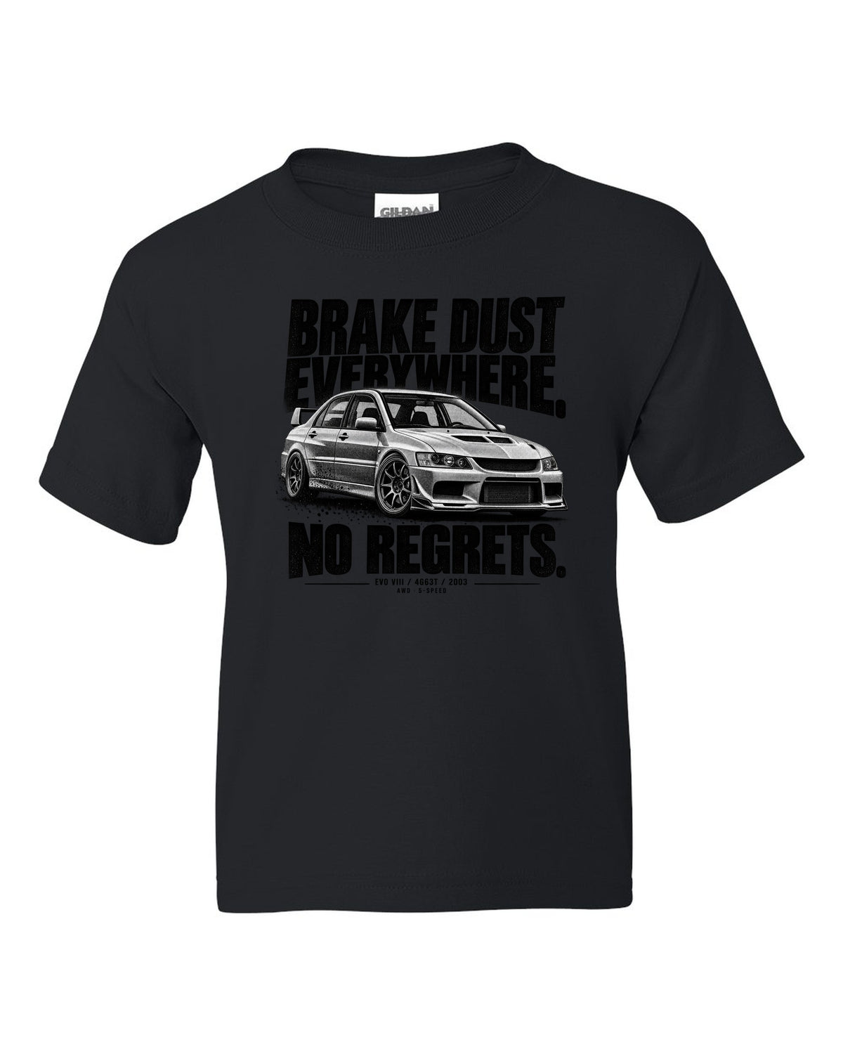 Halftone print for the Mitsubishi Lancer Evolution VIII CT9A reading Brake Dust Everywhere, No Regrets, 4G63T, 2003 black kids tee front view with the design