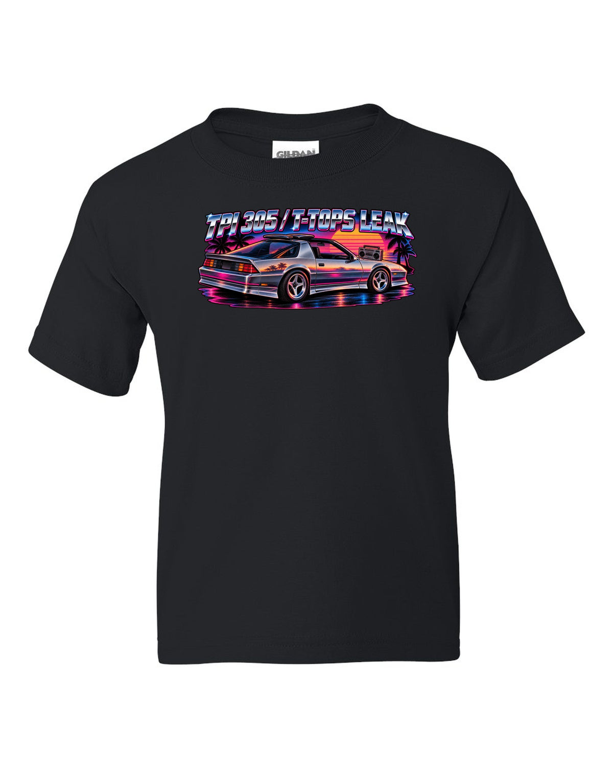 80s airbrush art with chrome type and lightning bolts of a 1985 Chevrolet Camaro IROC-Z black kids tee front view with the design