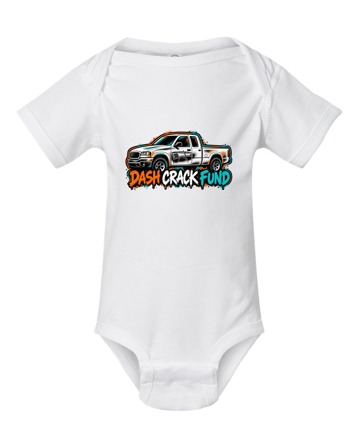 NBS Silverado GMT800 Spray Stencil Tee, Dash Crack Fund white baby onesie front view with the design