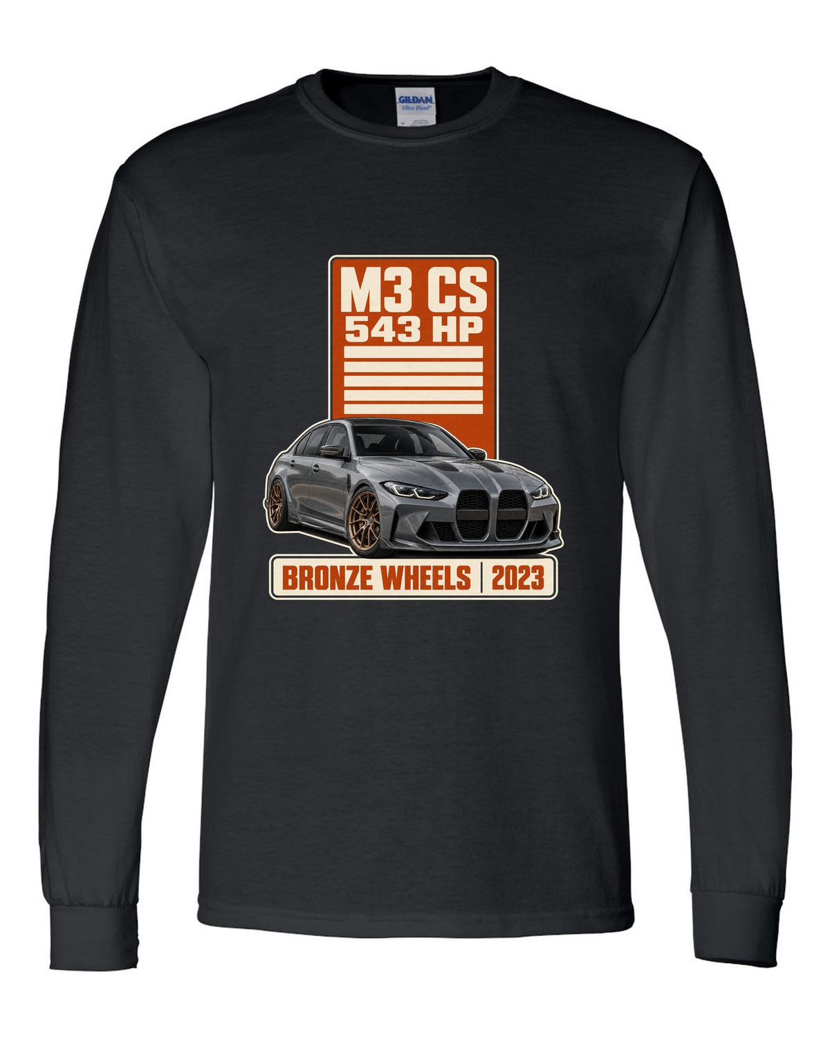 BMW M3 CS G80 spec poster print with 543 hp and bronze wheels text black long sleeve front view with the design