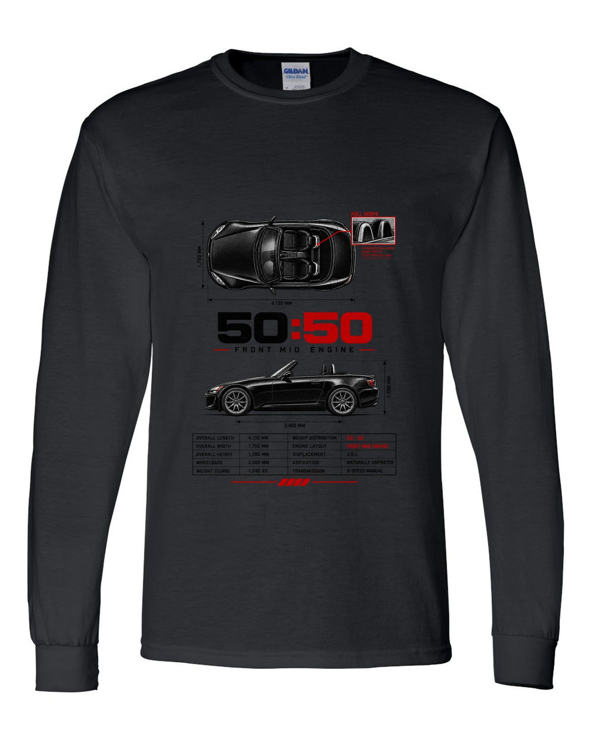 Honda S2000 AP2 roadster spec poster design with 50:50 front mid engine 2,400 mm text black long sleeve front view with the design