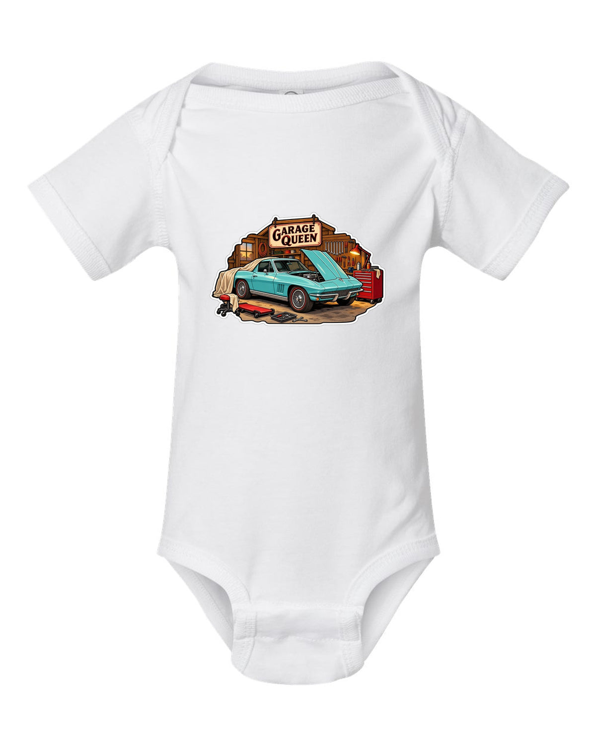 Sticker-bomb collage print of a 1966 Chevrolet Corvette C2 Sting Ray coupe with Garage Queen lettering white baby onesie front view with the design
