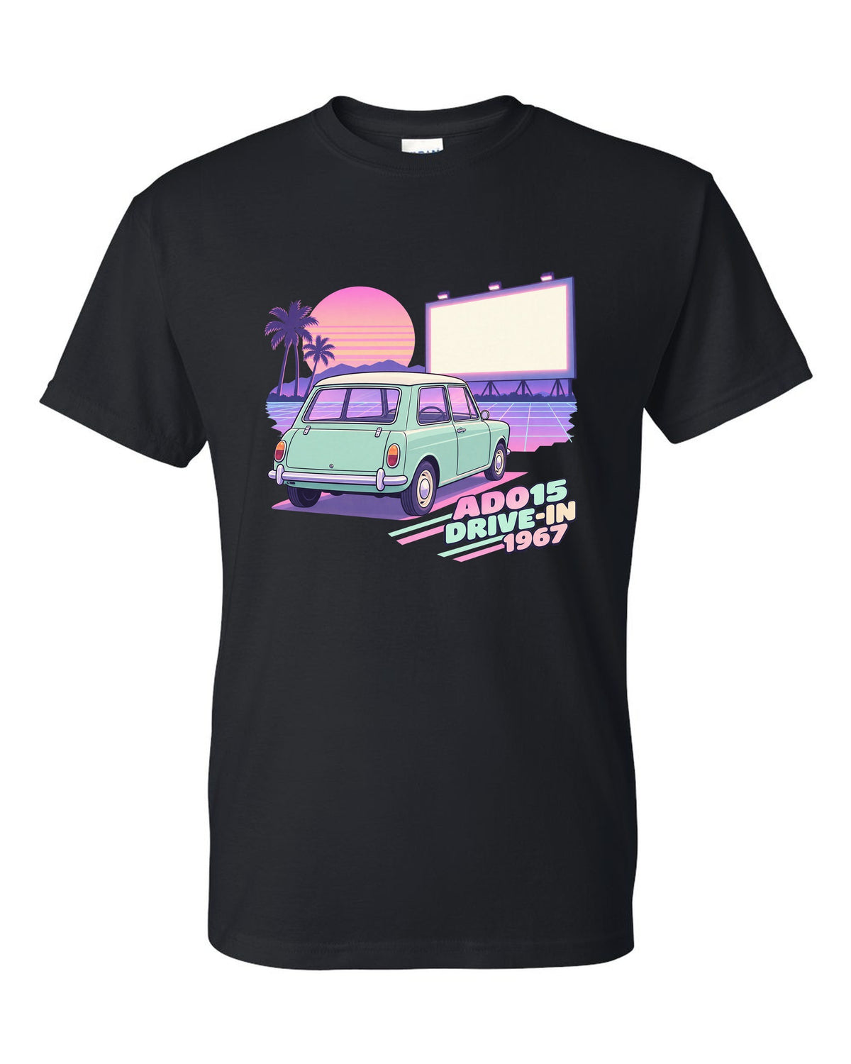Pastel vaporwave drive-in scene with a 1967 classic Mini Cooper ADO15 black t-shirt front view with the design