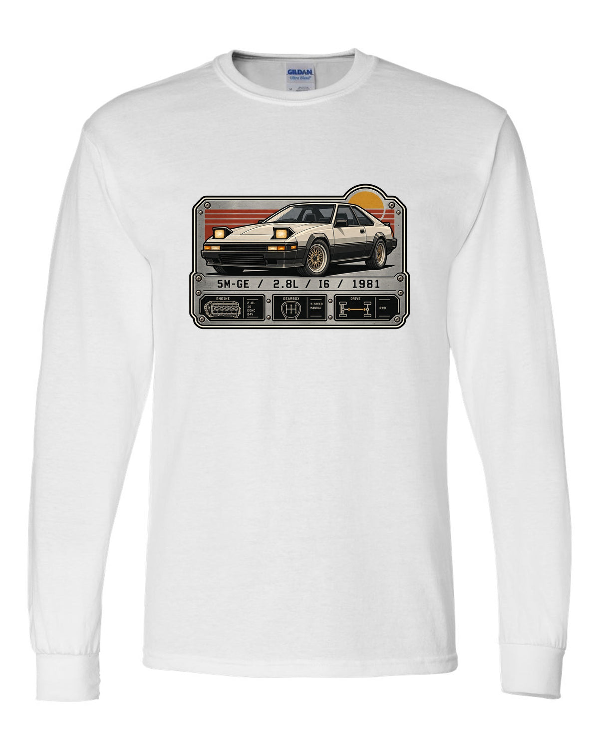 Spec-sheet data plate for the Toyota Supra A60 MA61 5M-GE 2.8L inline six white long sleeve front view with the design
