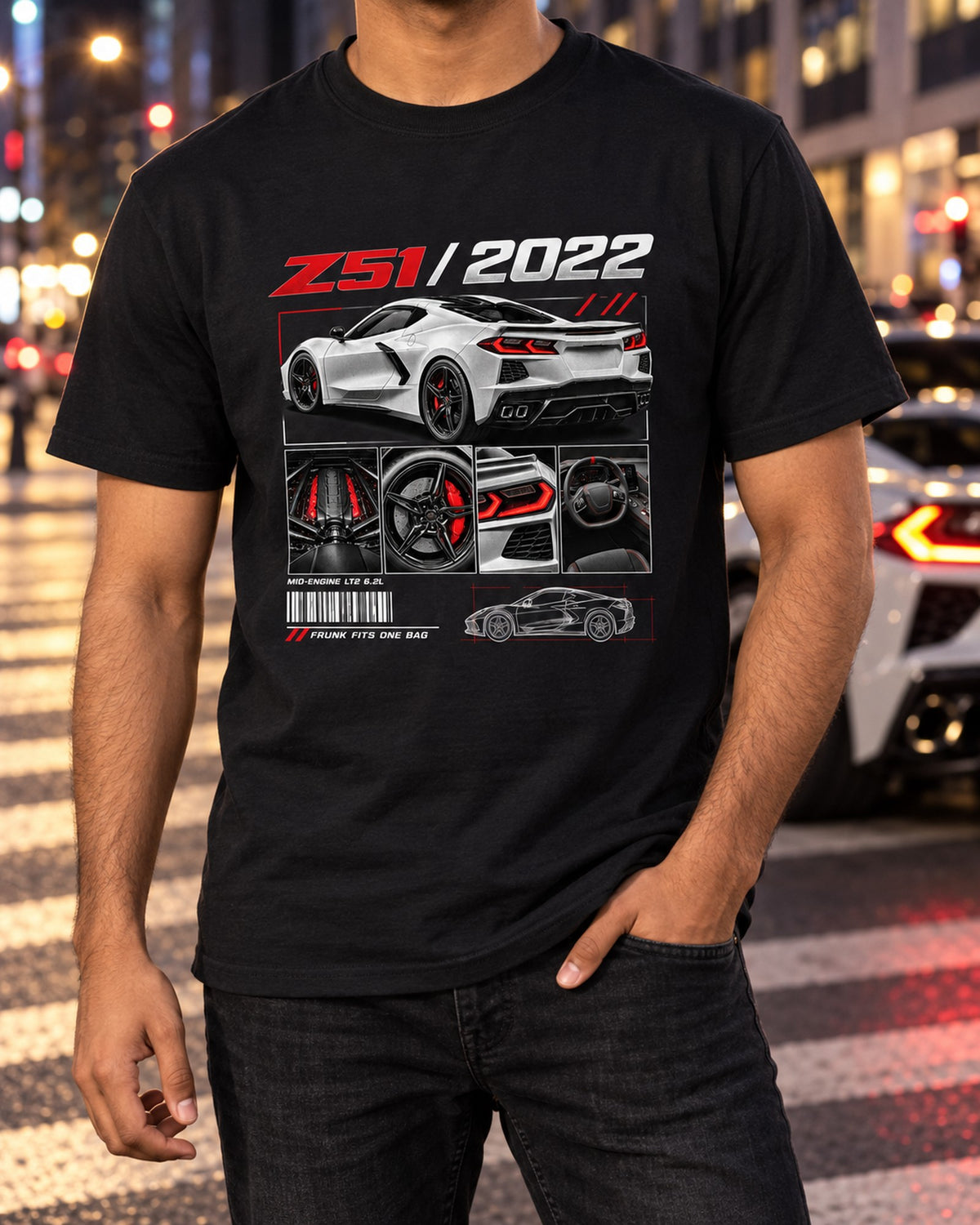 Corvette C8 Stingray Z51 2022 Dossier Panels Graphic Tee T-Shirt Black worn hero