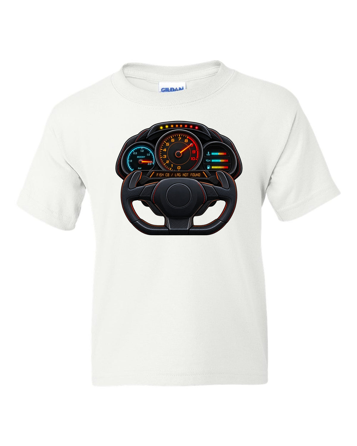 Ferrari 488 GTB boost gauge cockpit print with F154 CB engine code white kids tee front view with the design