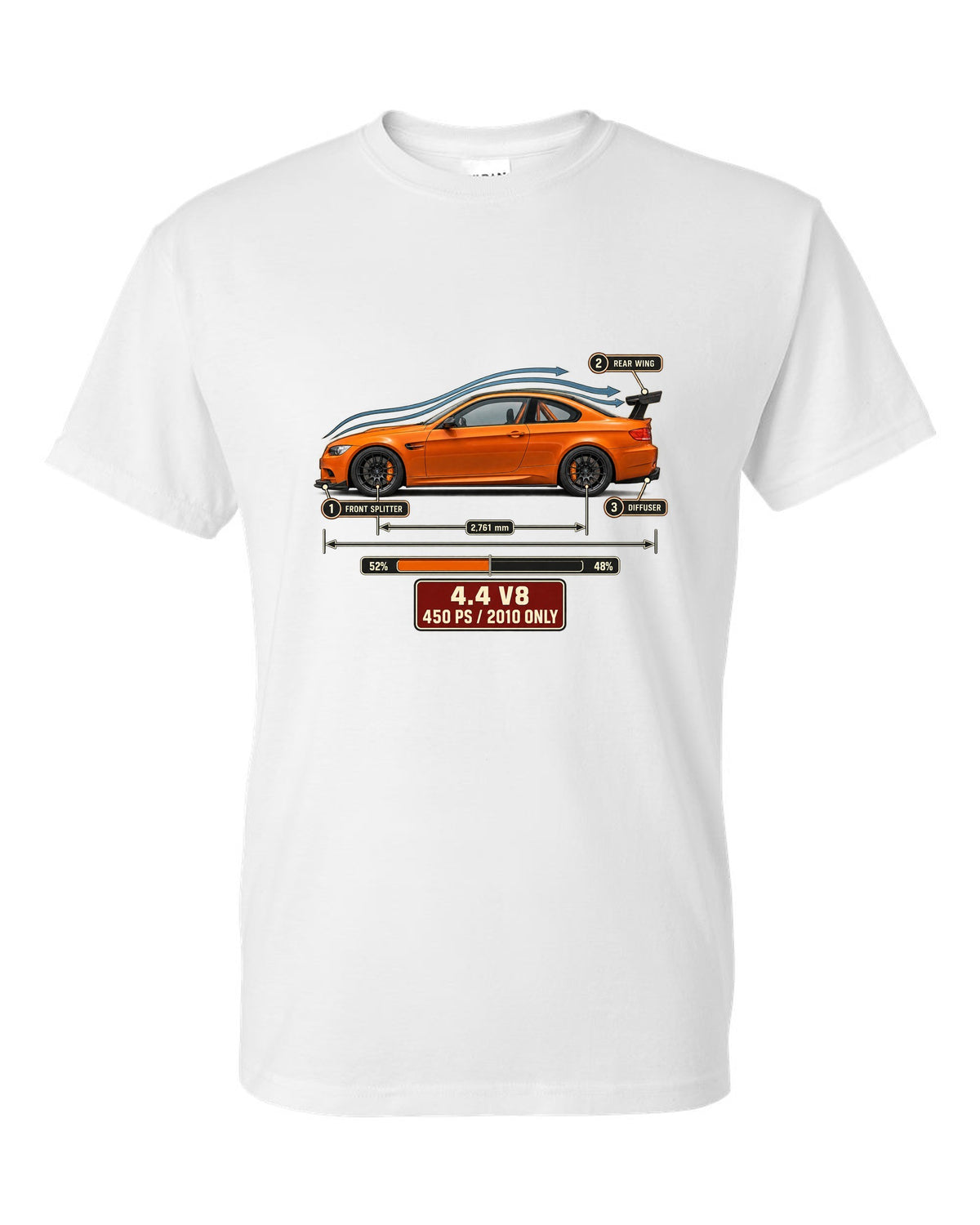 BMW M3 E92 GTS coupe aero callouts print white t-shirt front view with the design