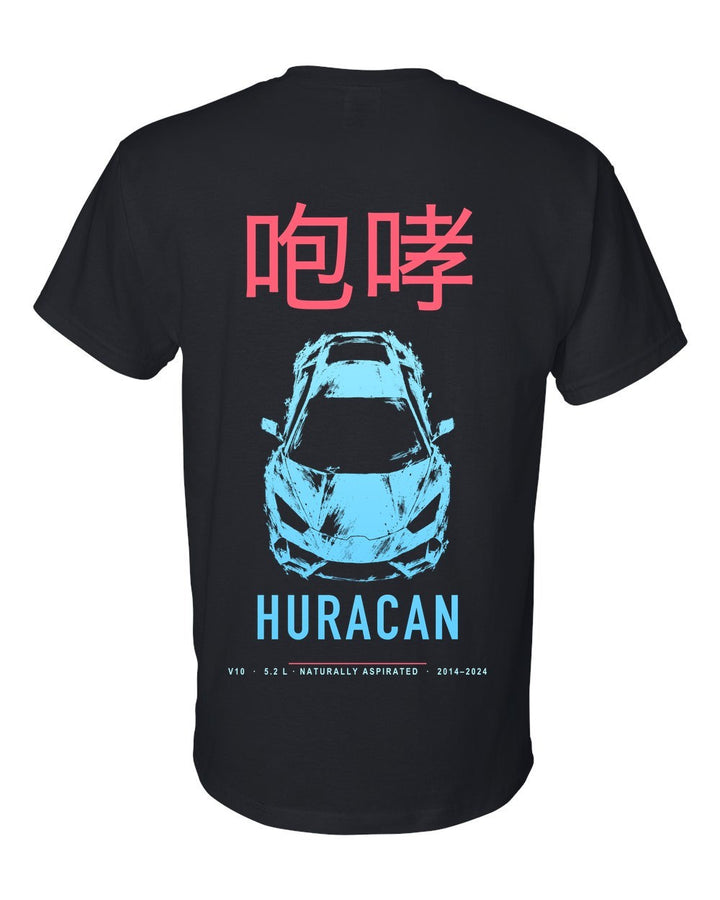 HURACAN full-back artwork black t-shirt back view with the design