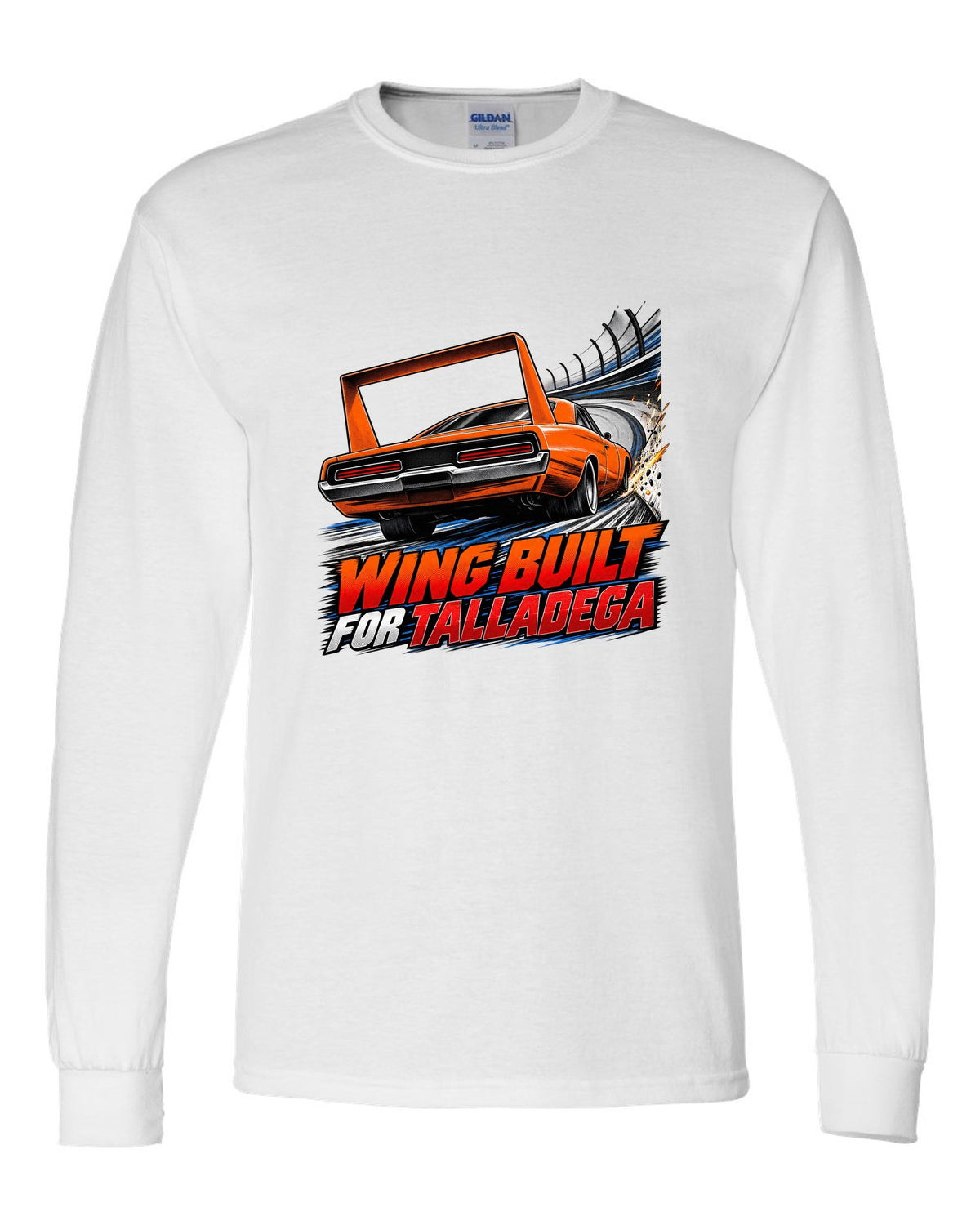 Retro manga halftone panel of a 1969 Dodge Charger Daytona with wing speed lines and Talladega text white long sleeve front view with the design