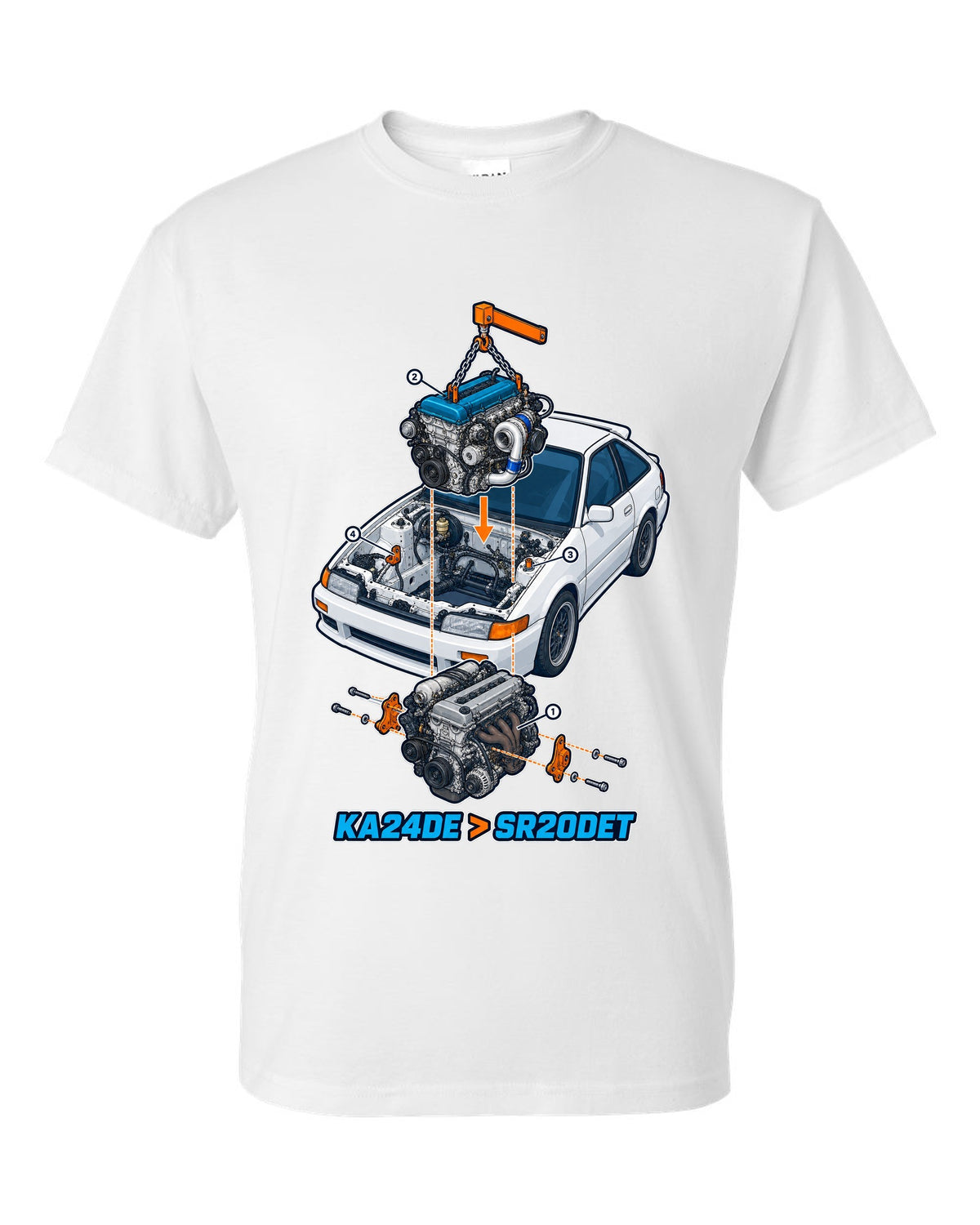 Exploded isometric engine cutaway for a Nissan S13 KA24DE to SR20DET swap white t-shirt front view with the design