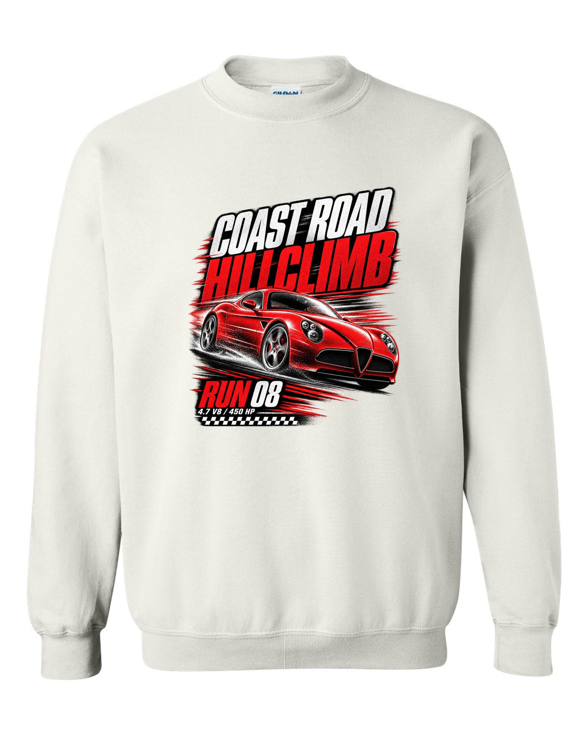 Hillclimb race poster print of an Alfa Romeo 8C Competizione with coast road and 4.7 V8 text white crewneck front view with the design