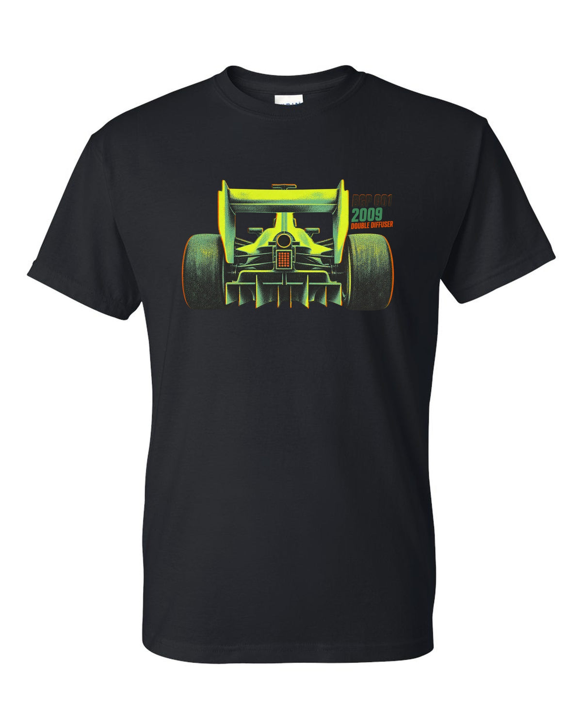 Risograph style Brawn BGP 001 Formula 1 car with double diffuser lettering black t-shirt front view with the design