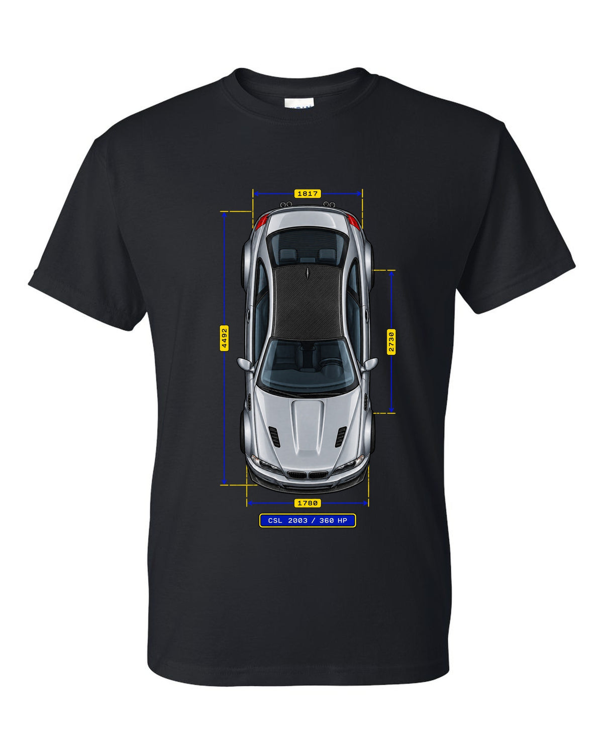 Spec-sheet data plate schematic of a BMW E46 M3 CSL 2003 with carbon roof and 360 HP black t-shirt front view with the design