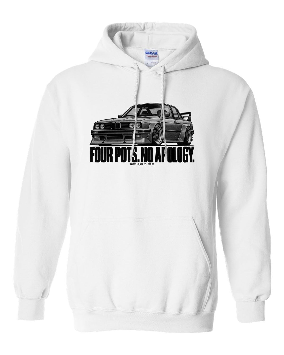 BMW E30 M3 Sport Evo halftone print with S14B25 2,467 cc and 238 PS text white pull over hoodie front view with the design