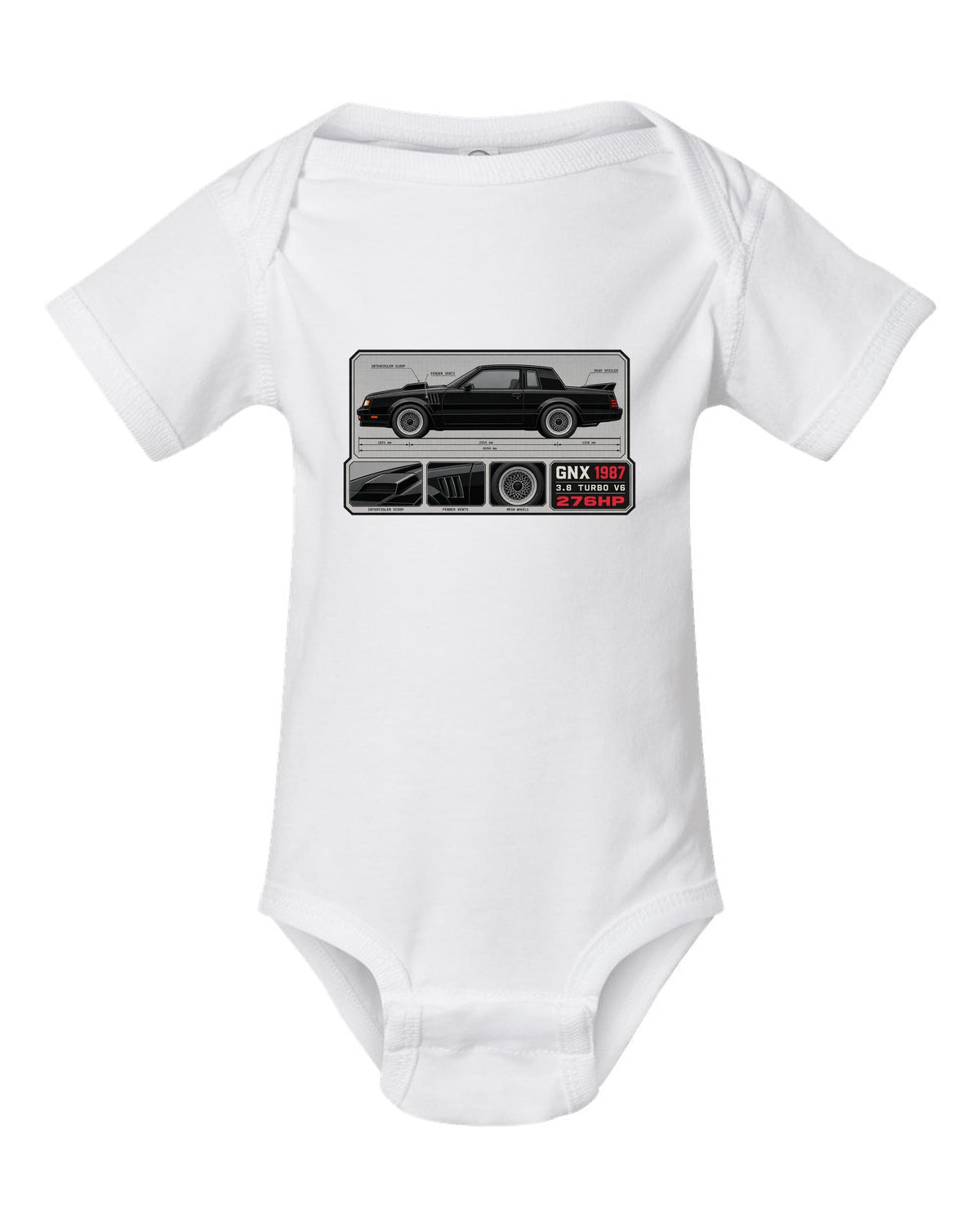 1987 Buick GNX datasheet spec layout with 3.8 turbo V6 and 276HP text white baby onesie front view with the design