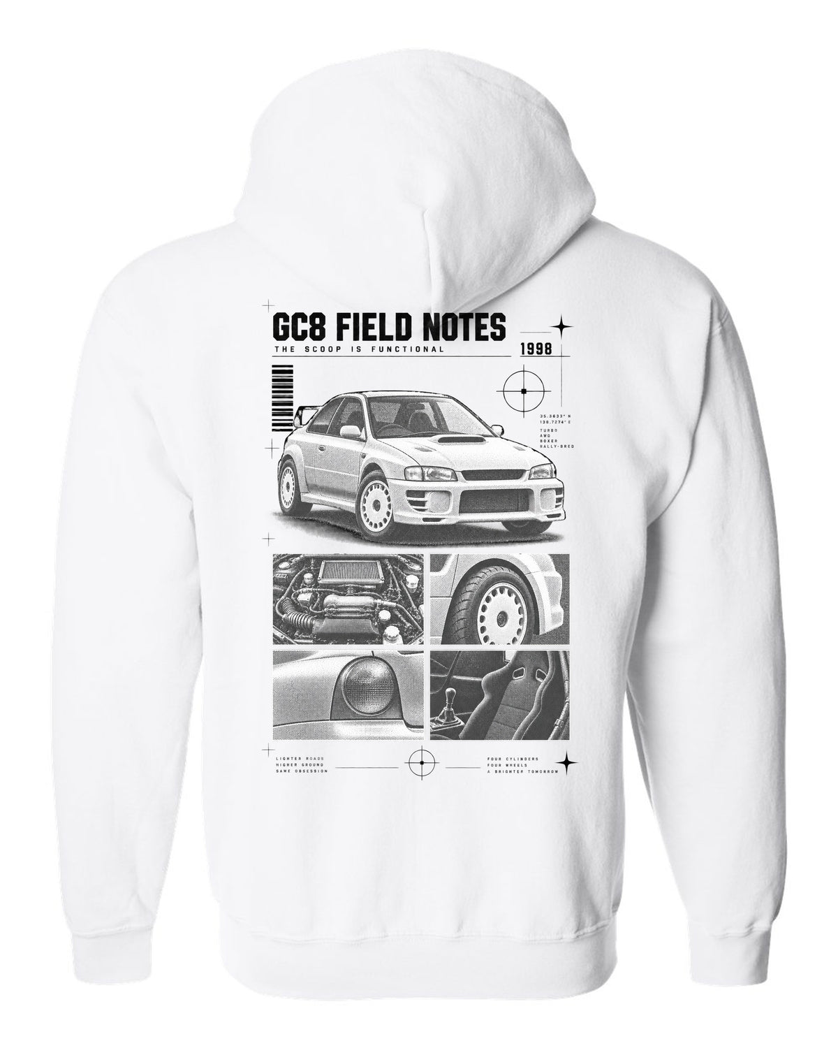 Subaru Impreza WRX GC8 coupe 1998 field notes dossier panels white zip hoodie back view with the design