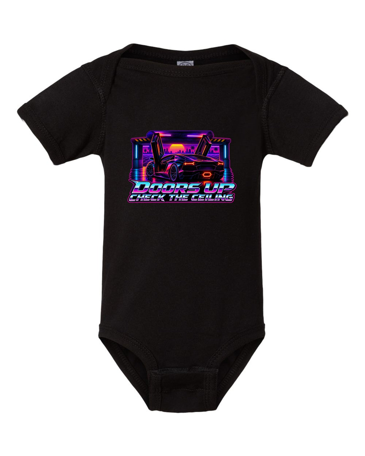Synthwave outrun design of a Lamborghini Aventador LP700-4 with doors up and check the ceiling text black baby onesie front view with the design