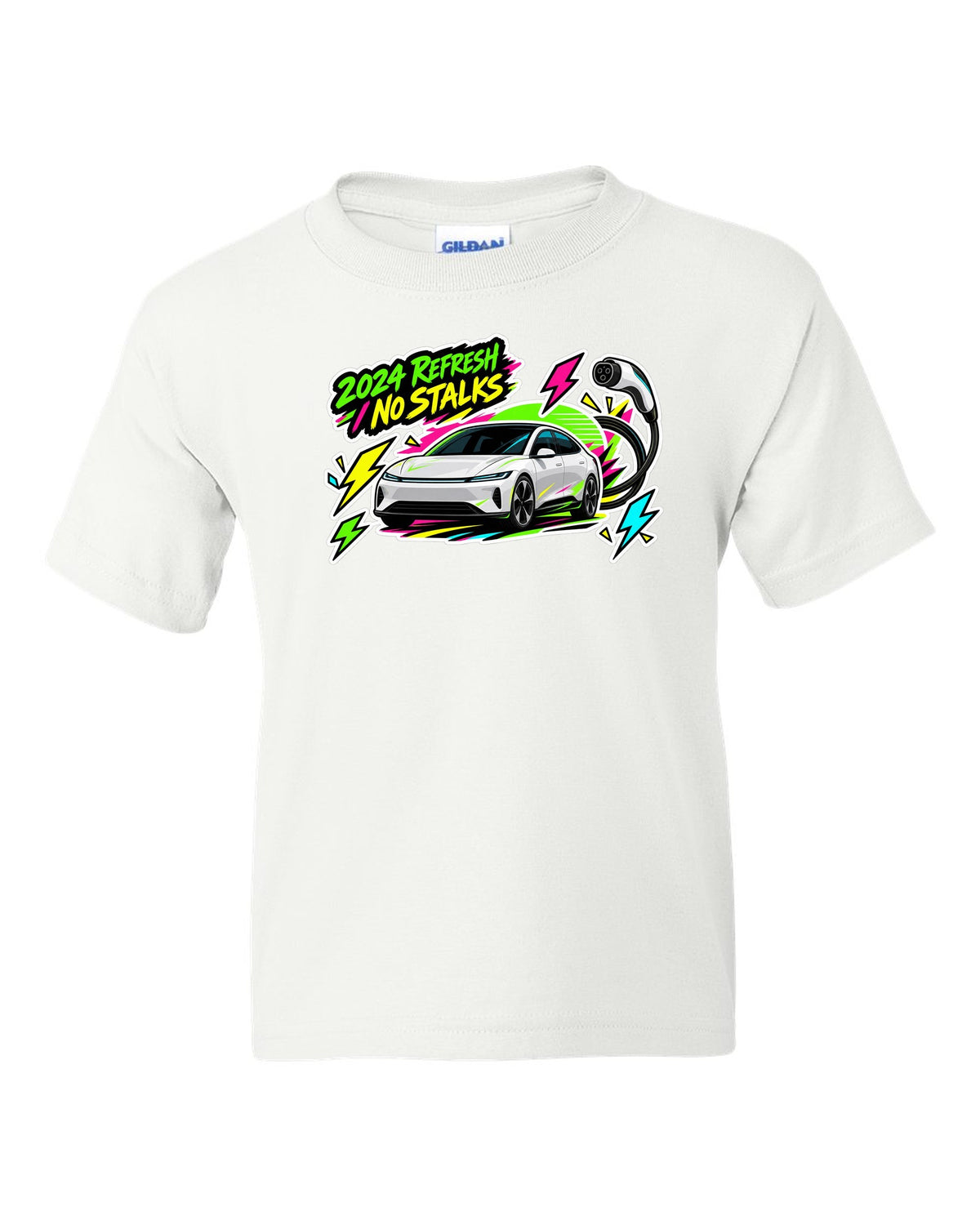 Sticker bomb collage print of a Tesla Model 3 Highland with the text 2024 Refresh No Stalks white kids tee front view with the design