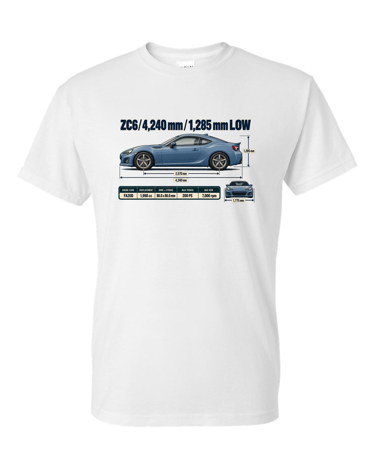 Blueprint-style dimension drawing of a Subaru BRZ ZC6 with length and height callouts white t-shirt front view with the design