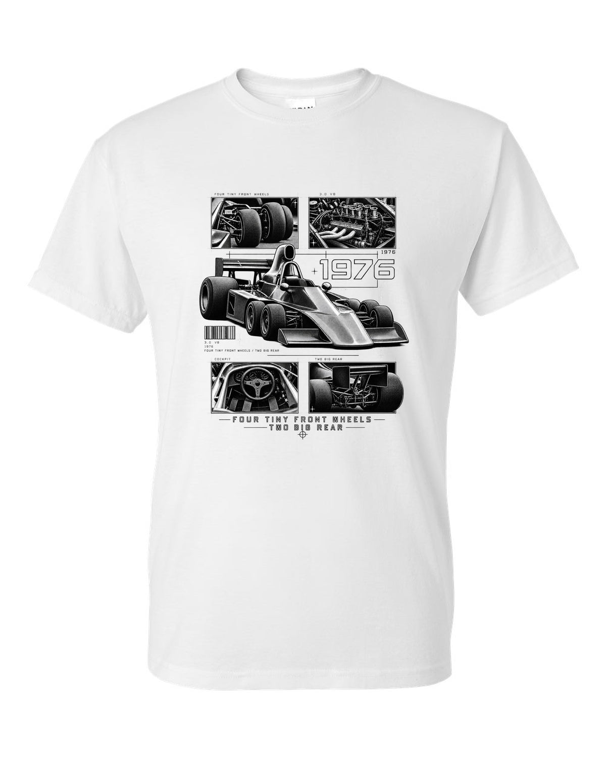 Tyrrell P34 six-wheel F1 car dossier panel print white t-shirt front view with the design