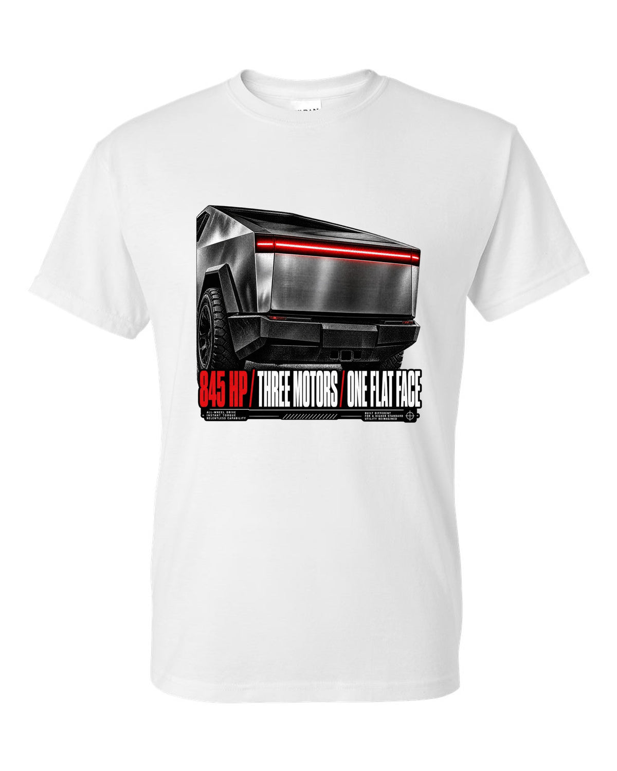 Macro of the Tesla Cybertruck Cyberbeast 2024 light bar with 845 HP and three motors text white t-shirt front view with the design